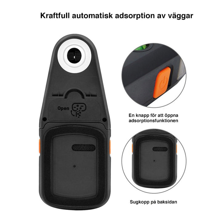 "Dammfångare med inbyggd lasernivå, svart och grå design, för exakt och dammfri borrning i byggprojekt."