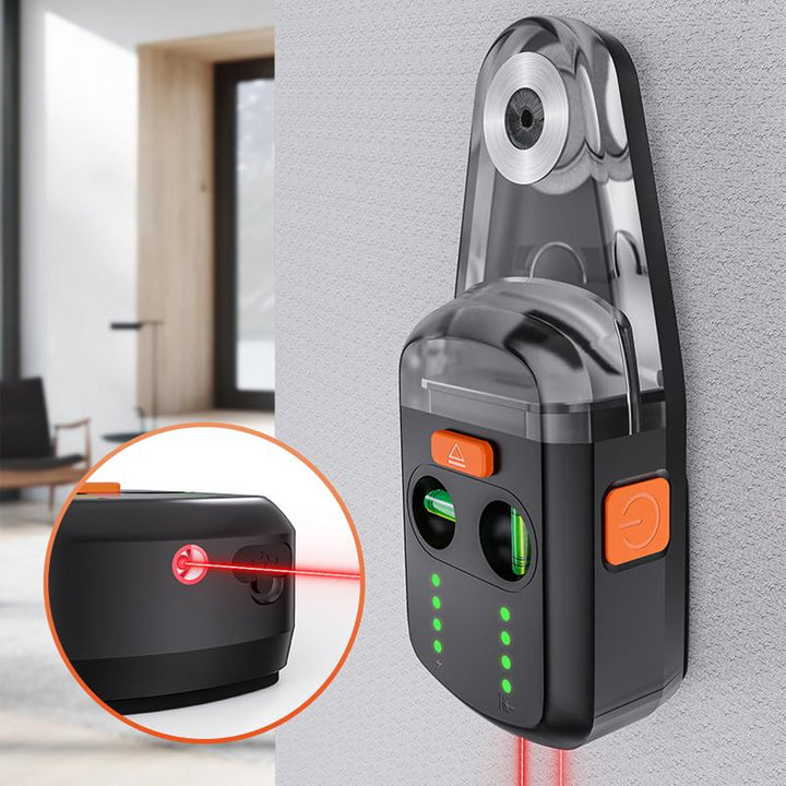 "Dammfångare med inbyggd lasernivå, svart och grå design, för exakt och dammfri borrning i byggprojekt."