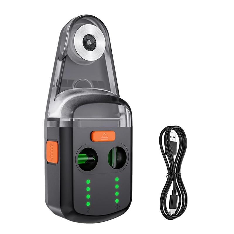 "Dammfångare med inbyggd lasernivå, svart och grå design, för exakt och dammfri borrning i byggprojekt."