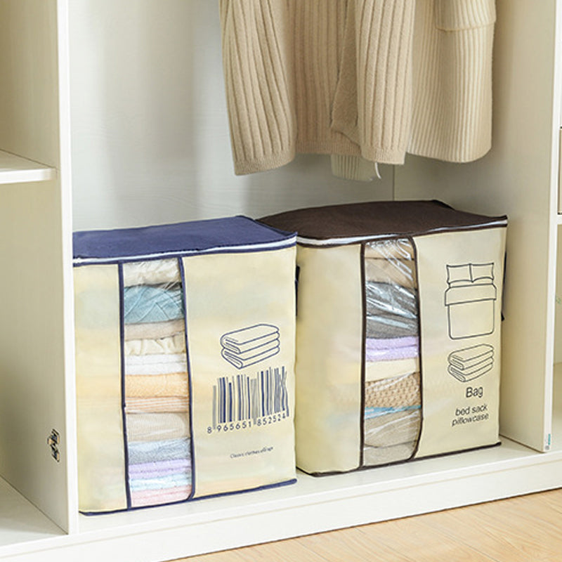 "Dammtät förvaringsväska med förstärkt handtag och stor kapacitet. Beige non-woven-material, rundade hörn, dragkedja."