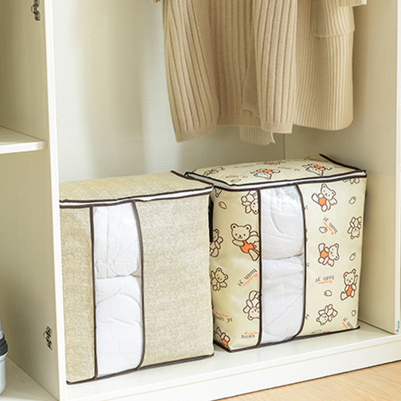 "Dammtät förvaringsväska med förstärkt handtag och stor kapacitet. Beige non-woven-material, rundade hörn, dragkedja."