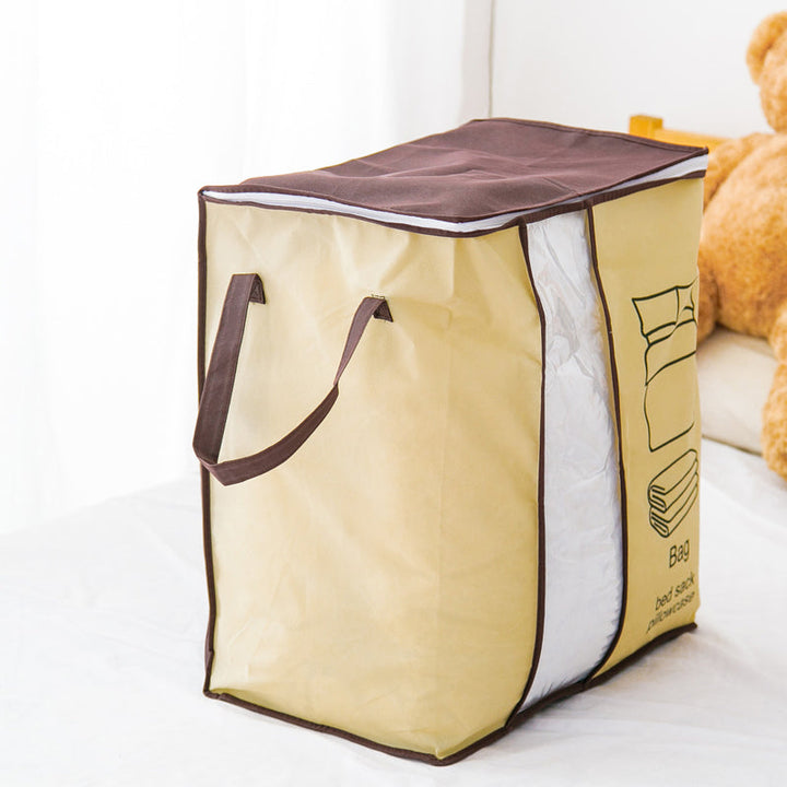 "Dammtät förvaringsväska med förstärkt handtag och stor kapacitet. Beige non-woven-material, rundade hörn, dragkedja."