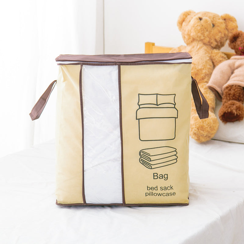 "Dammtät förvaringsväska med förstärkt handtag och stor kapacitet. Beige non-woven-material, rundade hörn, dragkedja."