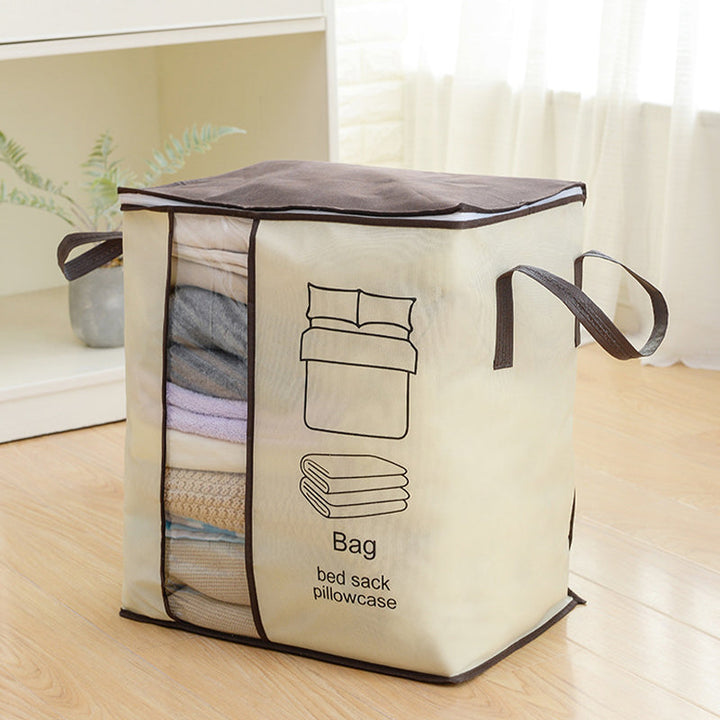 "Dammtät förvaringsväska med förstärkt handtag och stor kapacitet. Beige non-woven-material, rundade hörn, dragkedja."