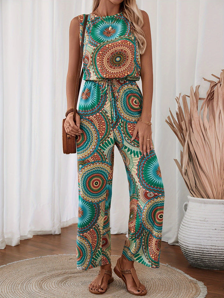Elegant kvinnlig jumpsuit med unikt mandalamönster. Lös och ledig passform för en trendig sommarlook.