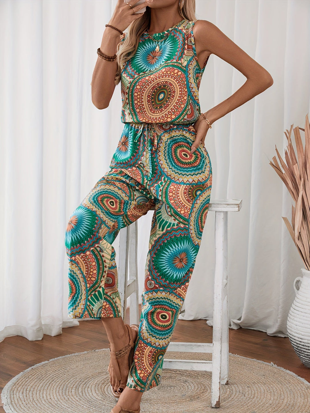 Ryggvy av mönstrad damoverall i boho-stil med mandala. Bekväm och ärmlös sommaroutfit.