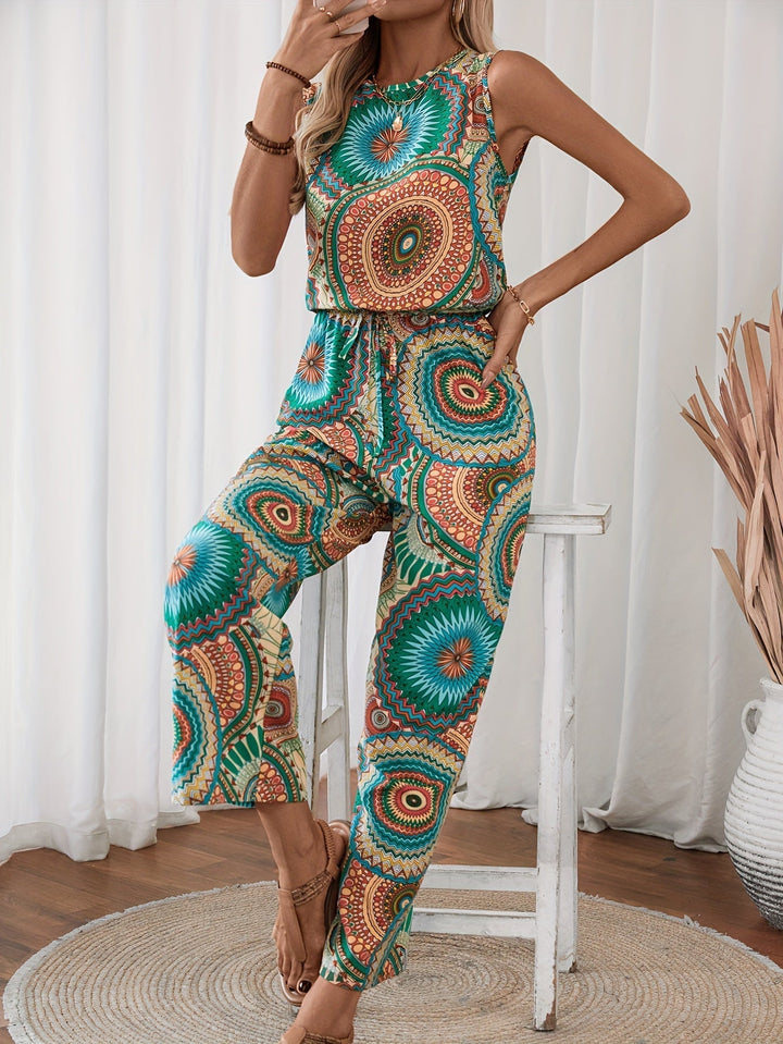 Ryggvy av mönstrad damoverall i boho-stil med mandala. Bekväm och ärmlös sommaroutfit.