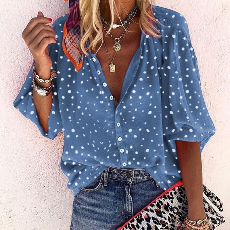 "Dams blus med polka dots, lös passform, prickigt mönster, perfekt för chic vardagsstil och bekvämlighet."