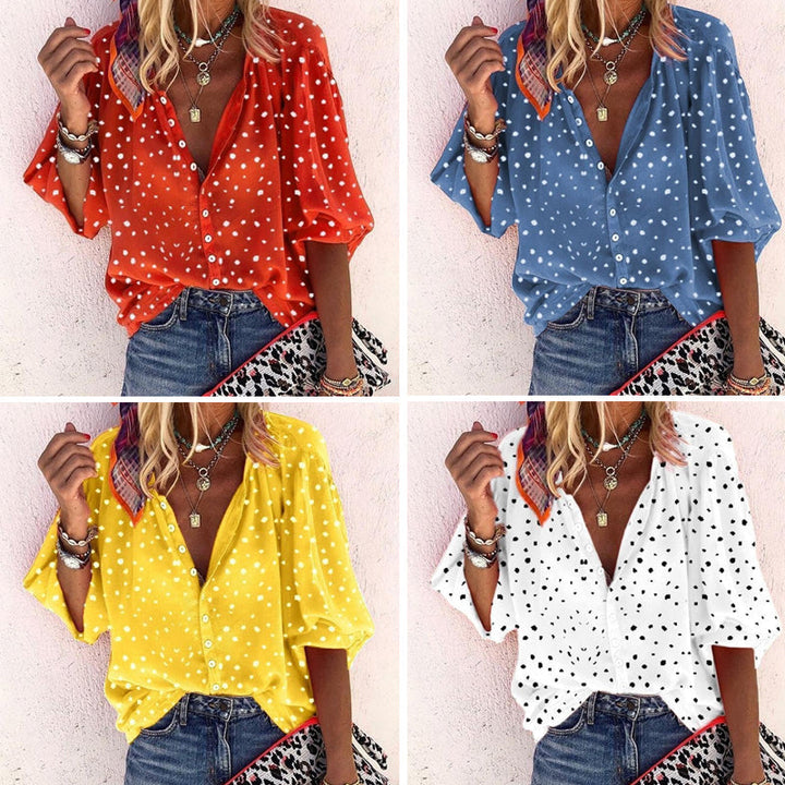 "Dams blus med polka dots, lös passform, prickigt mönster, perfekt för chic vardagsstil och bekvämlighet."