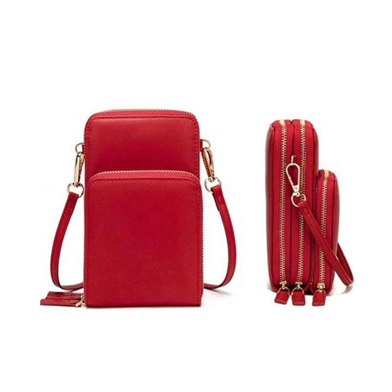 "Dams crossbody-väska i PU-läder med justerbar rem, elegant design, finns i svart, grå, orange, rosa, vinröd, lila, mörkblå."
