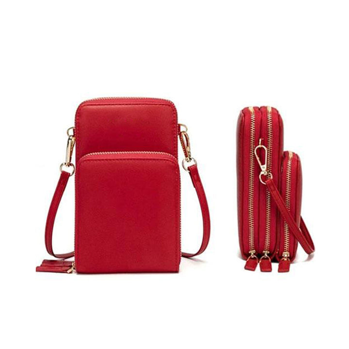 "Dams crossbody-väska i PU-läder med justerbar rem, elegant design, finns i svart, grå, orange, rosa, vinröd, lila, mörkblå."