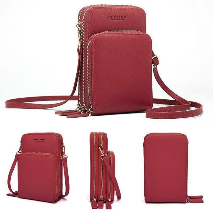"Dams crossbody-väska i PU-läder med justerbar rem, elegant design, finns i svart, grå, orange, rosa, vinröd, lila, mörkblå."