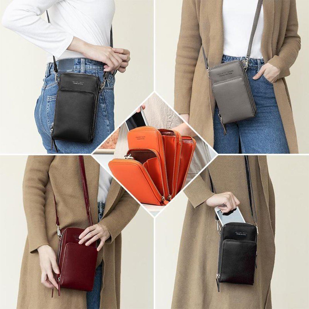 "Dams crossbody-väska i PU-läder med justerbar rem, elegant design, finns i svart, grå, orange, rosa, vinröd, lila, mörkblå."