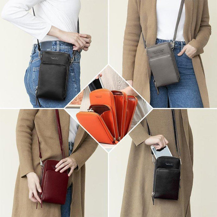 "Dams crossbody-väska i PU-läder med justerbar rem, elegant design, finns i svart, grå, orange, rosa, vinröd, lila, mörkblå."