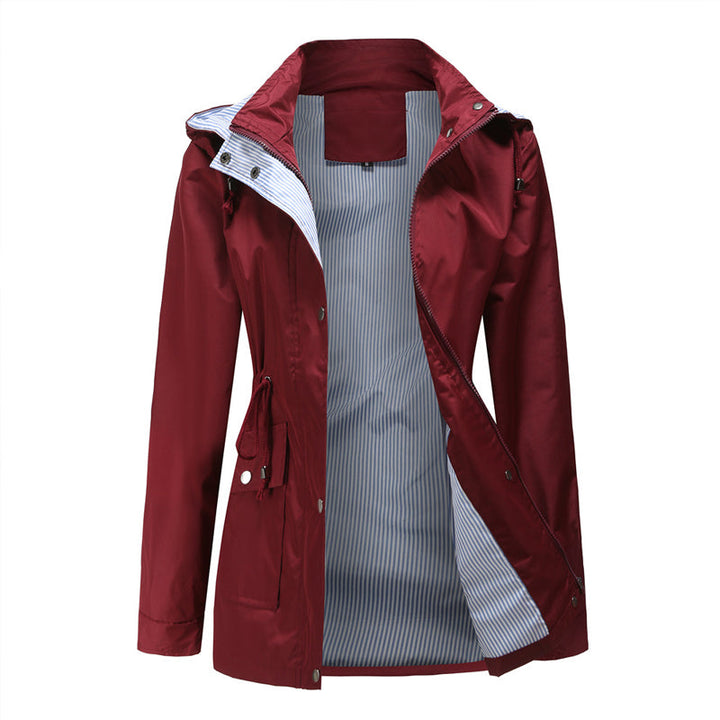 "Dams vattentät mellanlång trenchcoat med dragsko, elegant stil, vinröd färg, praktisk och trendig för alla väder."