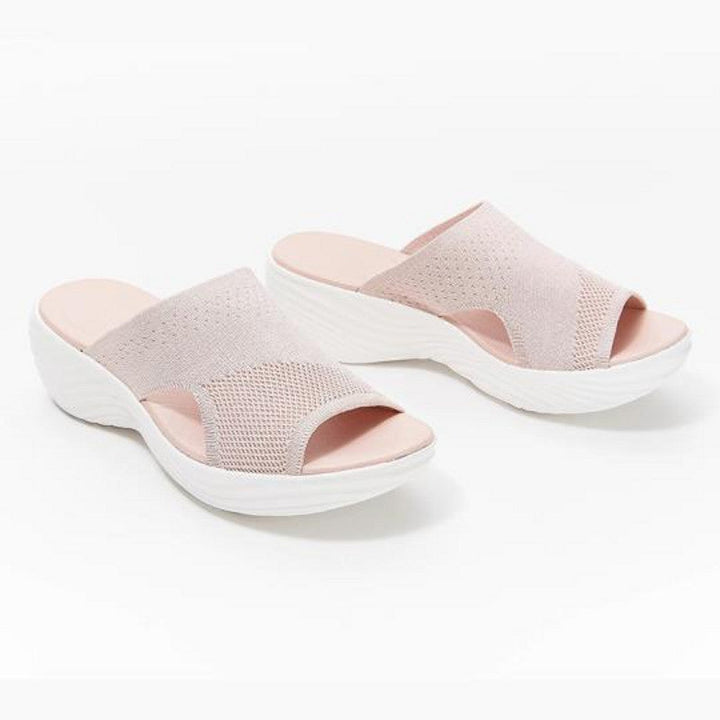 "Damsandaler för beach, bekväm EVA-fotbädd, rosa, blå och grå, platt botten, stödpunkter, perfekt för promenader."