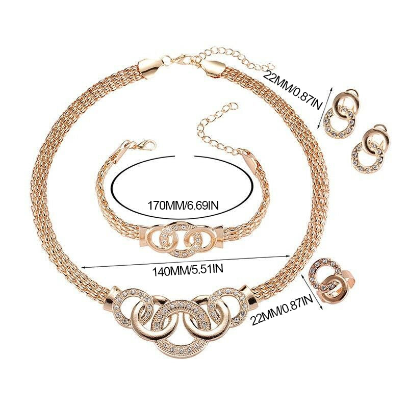 "Damsmyckesset i guld och silver med zirconia, innehåller halsband, armband, örhängen och ring, elegant design."