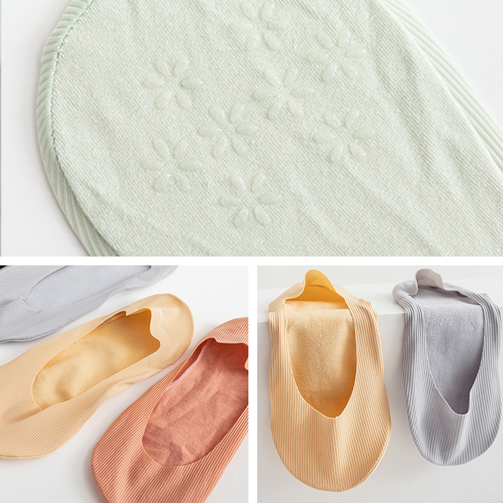 "Damsockor Ice Silk, halkfri design i is-silke, andas och osynlig, visad i svart och rosa färg, passande alla skor."