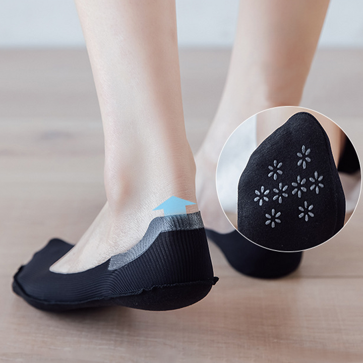 "Damsockor Ice Silk, halkfri design i is-silke, andas och osynlig, visad i svart och rosa färg, passande alla skor."