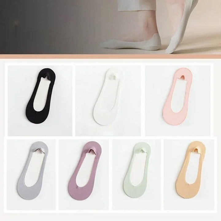 "Damsockor Ice Silk, halkfri design i is-silke, andas och osynlig, visad i svart och rosa färg, passande alla skor."