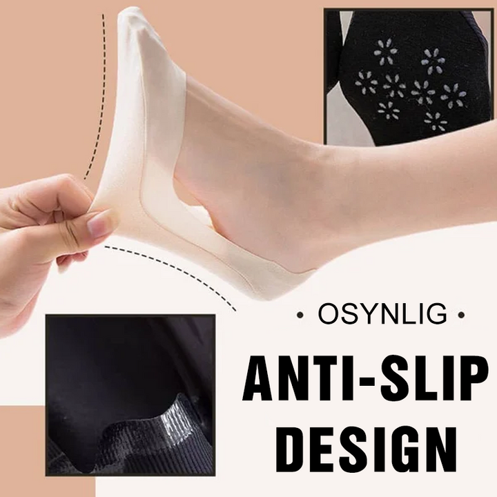 "Damsockor Ice Silk, halkfri design i is-silke, andas och osynlig, visad i svart och rosa färg, passande alla skor."