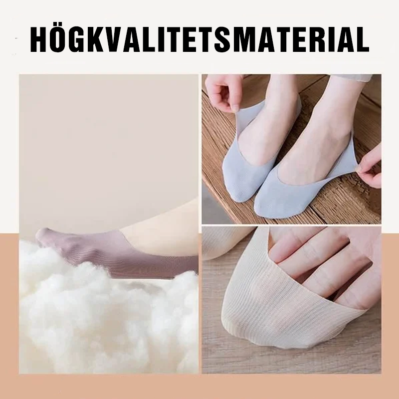 "Damsockor Ice Silk, halkfri design i is-silke, andas och osynlig, visad i svart och rosa färg, passande alla skor."