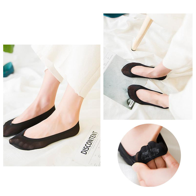 "Damsockor med 3D fotmassage och vaddering i bomull, osynliga design med anti-glid silikon och andningsbart meshmaterial."