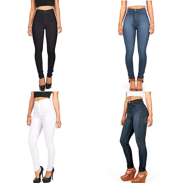"Damstretchjeans i mörkblått, hög midja, formande passform, bomull-spandex, smidig siluett, bekväm denim"