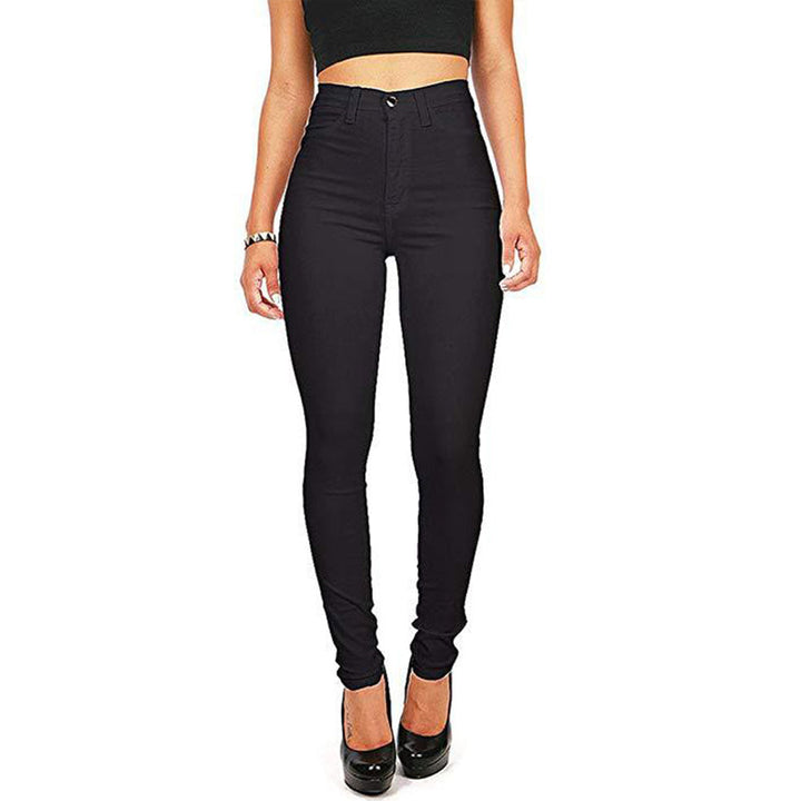 "Damstretchjeans i mörkblått, hög midja, formande passform, bomull-spandex, smidig siluett, bekväm denim"