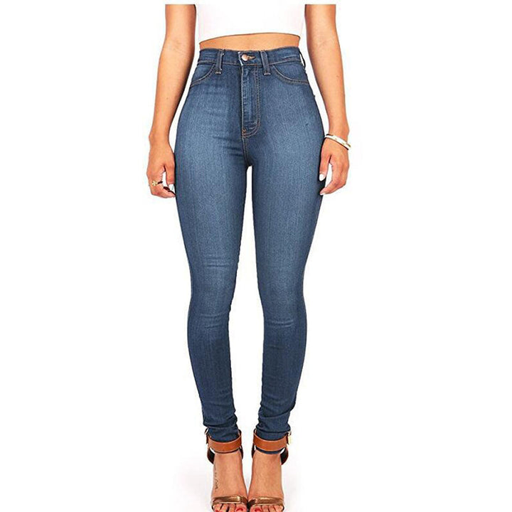 "Damstretchjeans i mörkblått, hög midja, formande passform, bomull-spandex, smidig siluett, bekväm denim"