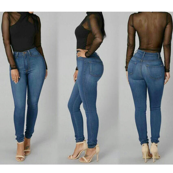"Damstretchjeans i mörkblått, hög midja, formande passform, bomull-spandex, smidig siluett, bekväm denim"