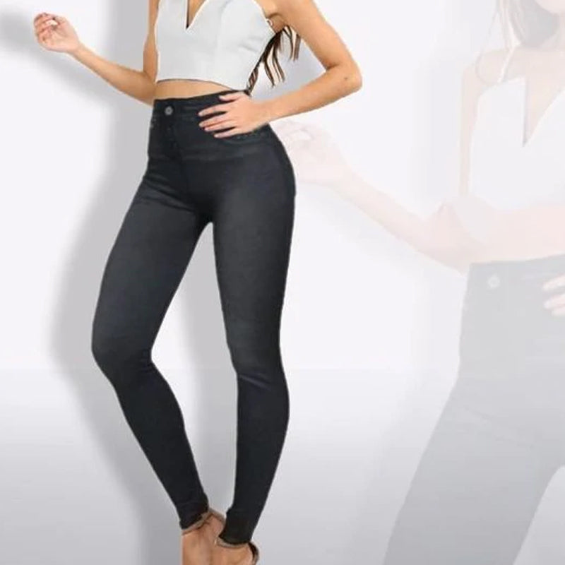 "Damstretchjeans i mörkblått, hög midja, formande passform, bomull-spandex, smidig siluett, bekväm denim"