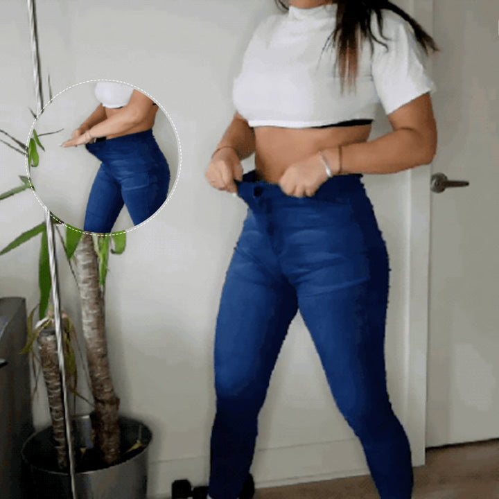 "Damstretchjeans i mörkblått, hög midja, formande passform, bomull-spandex, smidig siluett, bekväm denim"