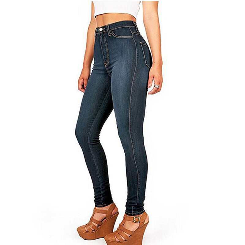 "Damstretchjeans i mörkblått, hög midja, formande passform, bomull-spandex, smidig siluett, bekväm denim"