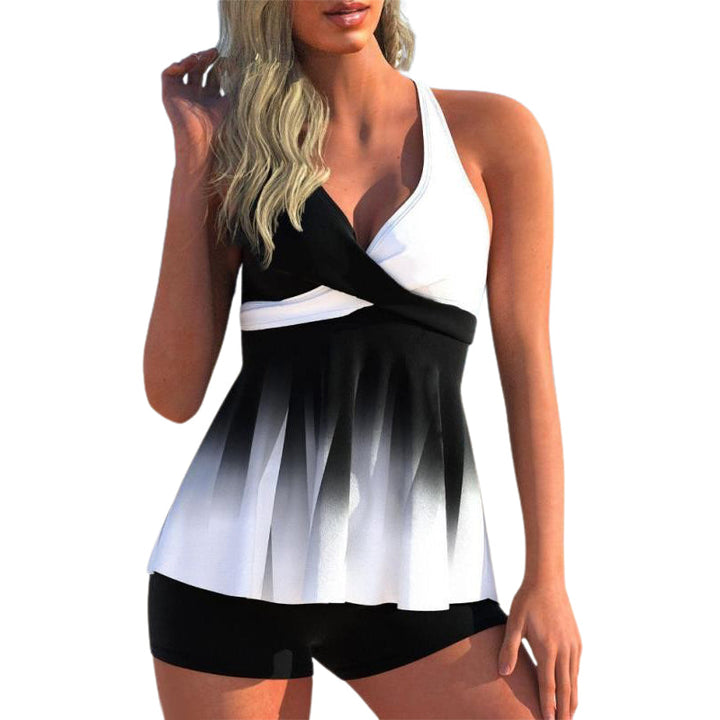 "Damtankini i färgblock, V-ringad, ärmlös, andningsbar, för strand/pool, chic stil för sommar, mjuka stretchmaterial."