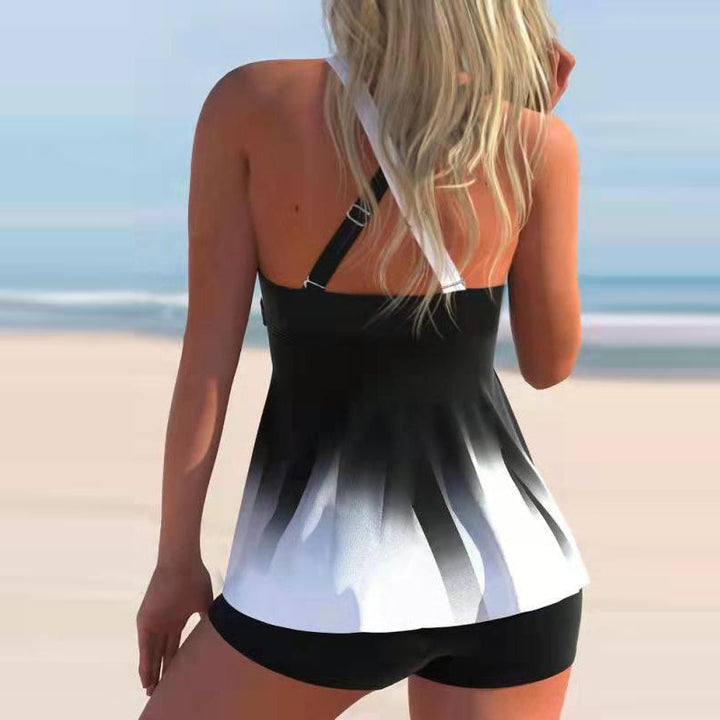 "Damtankini i färgblock, V-ringad, ärmlös, andningsbar, för strand/pool, chic stil för sommar, mjuka stretchmaterial."