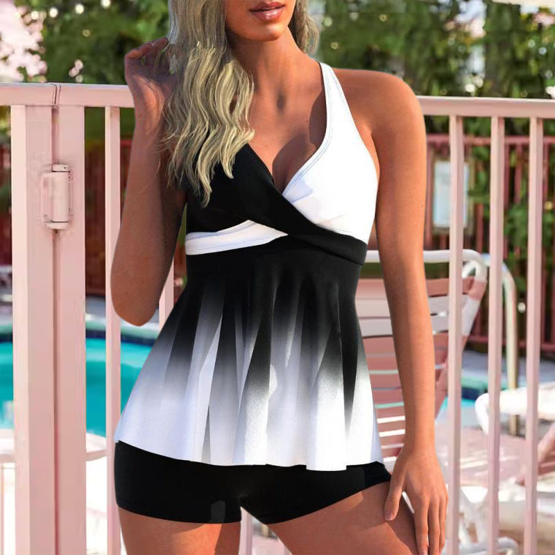 "Damtankini i färgblock, V-ringad, ärmlös, andningsbar, för strand/pool, chic stil för sommar, mjuka stretchmaterial."