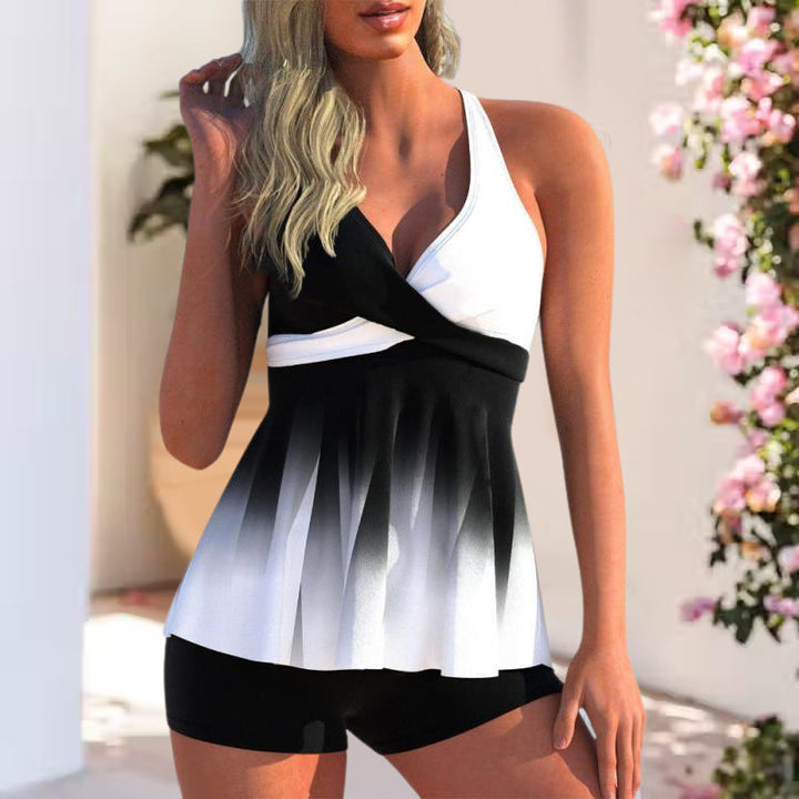 "Damtankini i färgblock, V-ringad, ärmlös, andningsbar, för strand/pool, chic stil för sommar, mjuka stretchmaterial."