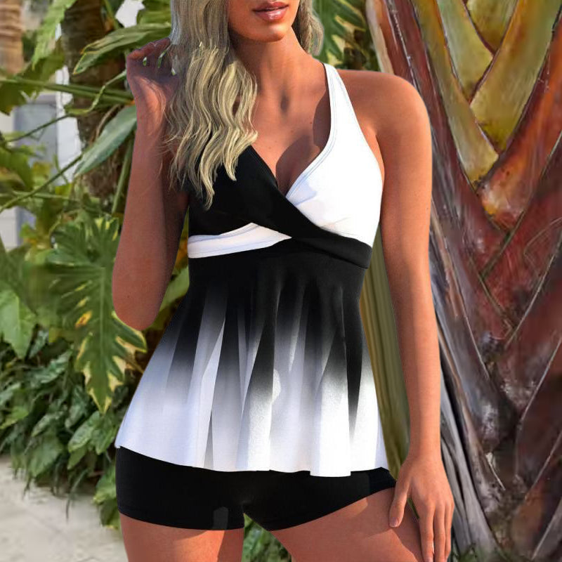 "Damtankini i färgblock, V-ringad, ärmlös, andningsbar, för strand/pool, chic stil för sommar, mjuka stretchmaterial."