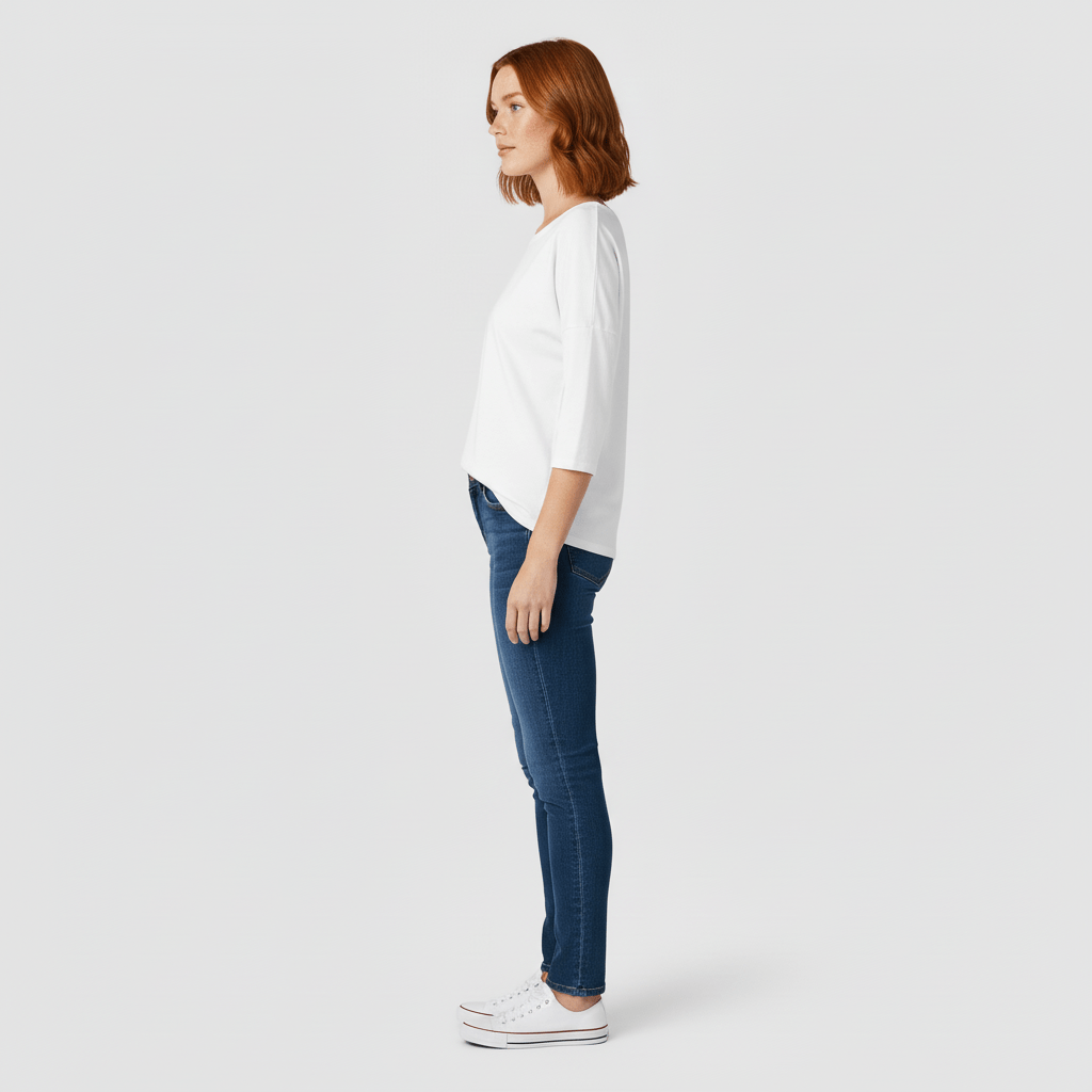 Bekväm rundhalsad damtopp. Trekvartsärm, perfekt för en stilren och avslappnad look.