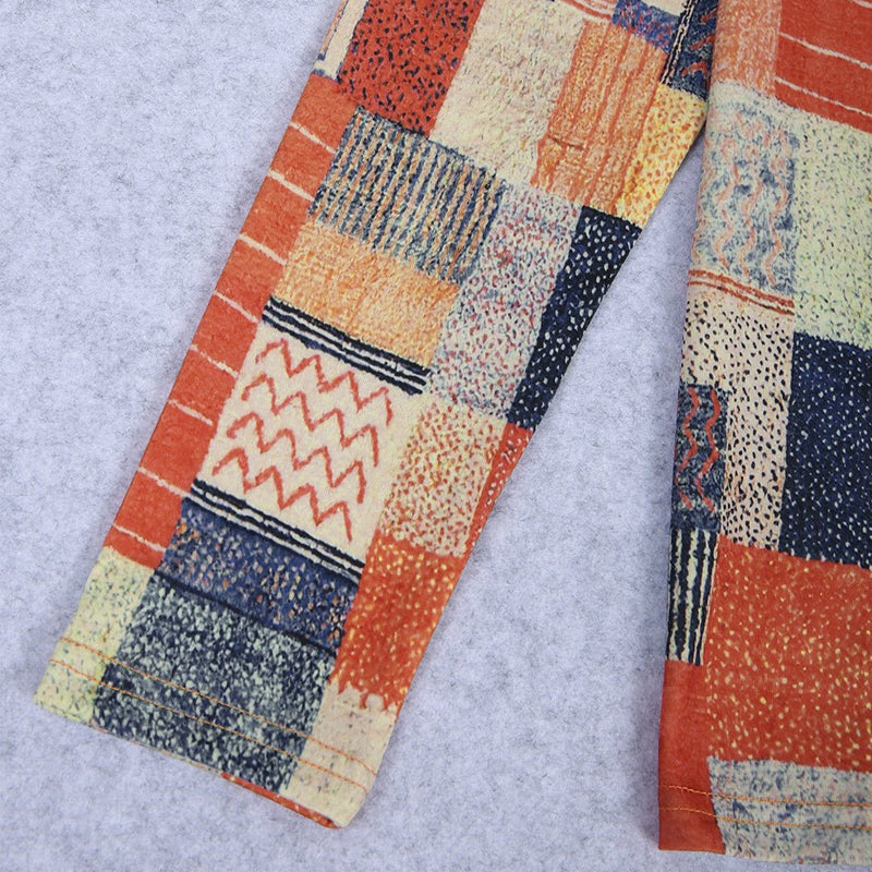 "Damtopp med etniskt tryck, rund hals, orange och grön, polyester, livfull färg, unik stil, kvinnors överdelar."
