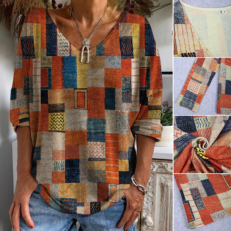 "Damtopp med etniskt tryck, rund hals, orange och grön, polyester, livfull färg, unik stil, kvinnors överdelar."