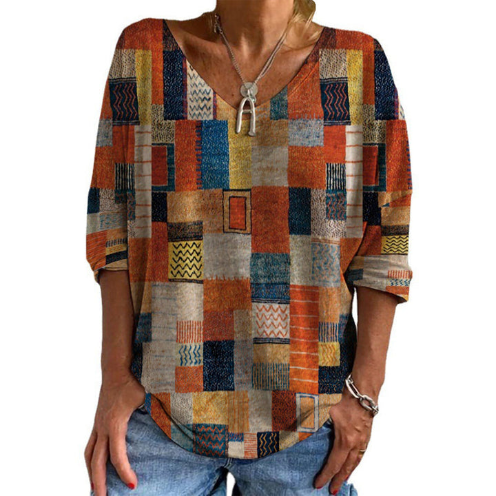 "Damtopp med etniskt tryck, rund hals, orange och grön, polyester, livfull färg, unik stil, kvinnors överdelar."