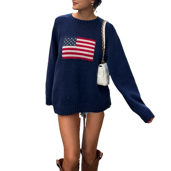Damtröja med amerikansk flagga för hösten, mjukt mode med avslappnad streetwear-stil.