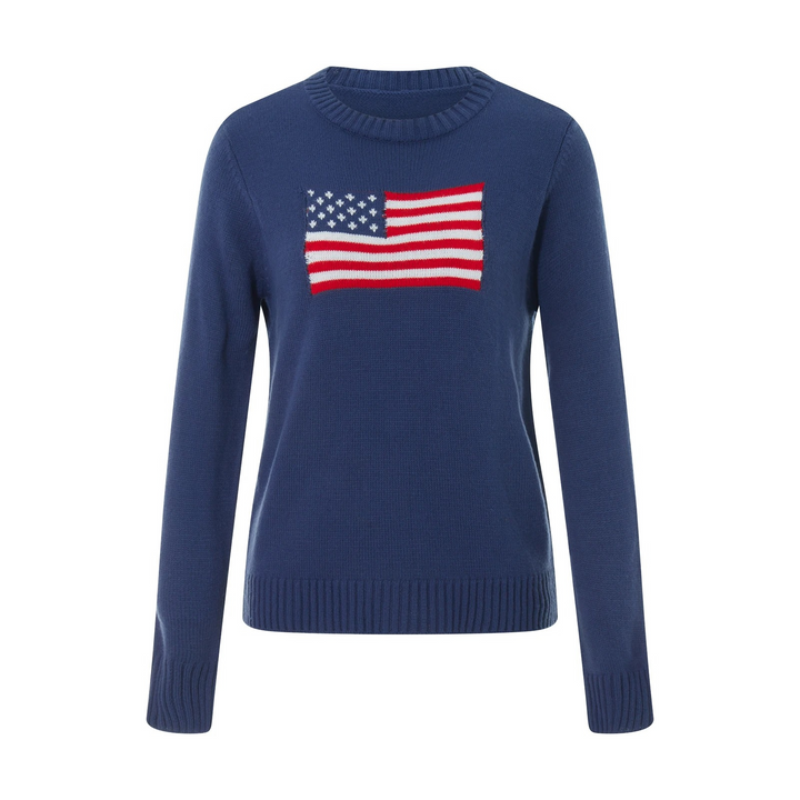 Kvinnors hösttröja med amerikansk flagga, bekväm och stilren för avslappnade tillfällen.