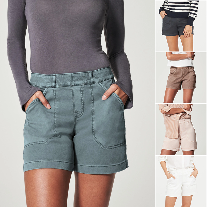 "Damtwill-shorts i stretch, magformande design, mid-rise, stilren canvas, finns i färger svart, vit, brun, blå, rosa."