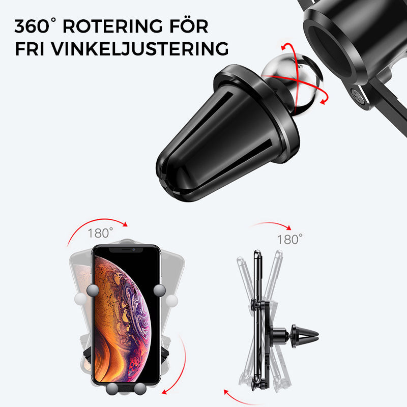 "Deformerande biltelefonhållare i svart, monterad i bilventilation, visar 360° rotation för enkel justering och sikt."