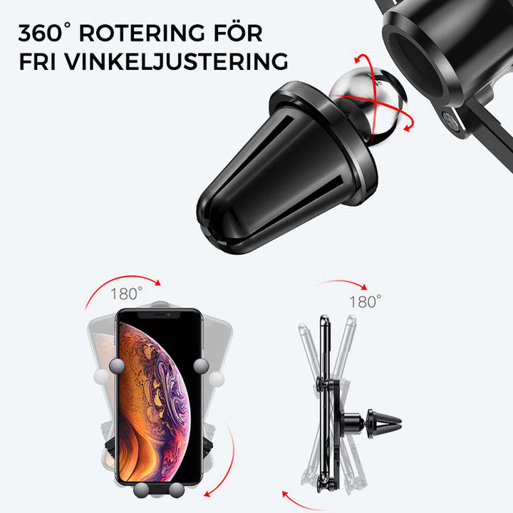 "Deformerande biltelefonhållare i svart, monterad i bilventilation, visar 360° rotation för enkel justering och sikt."