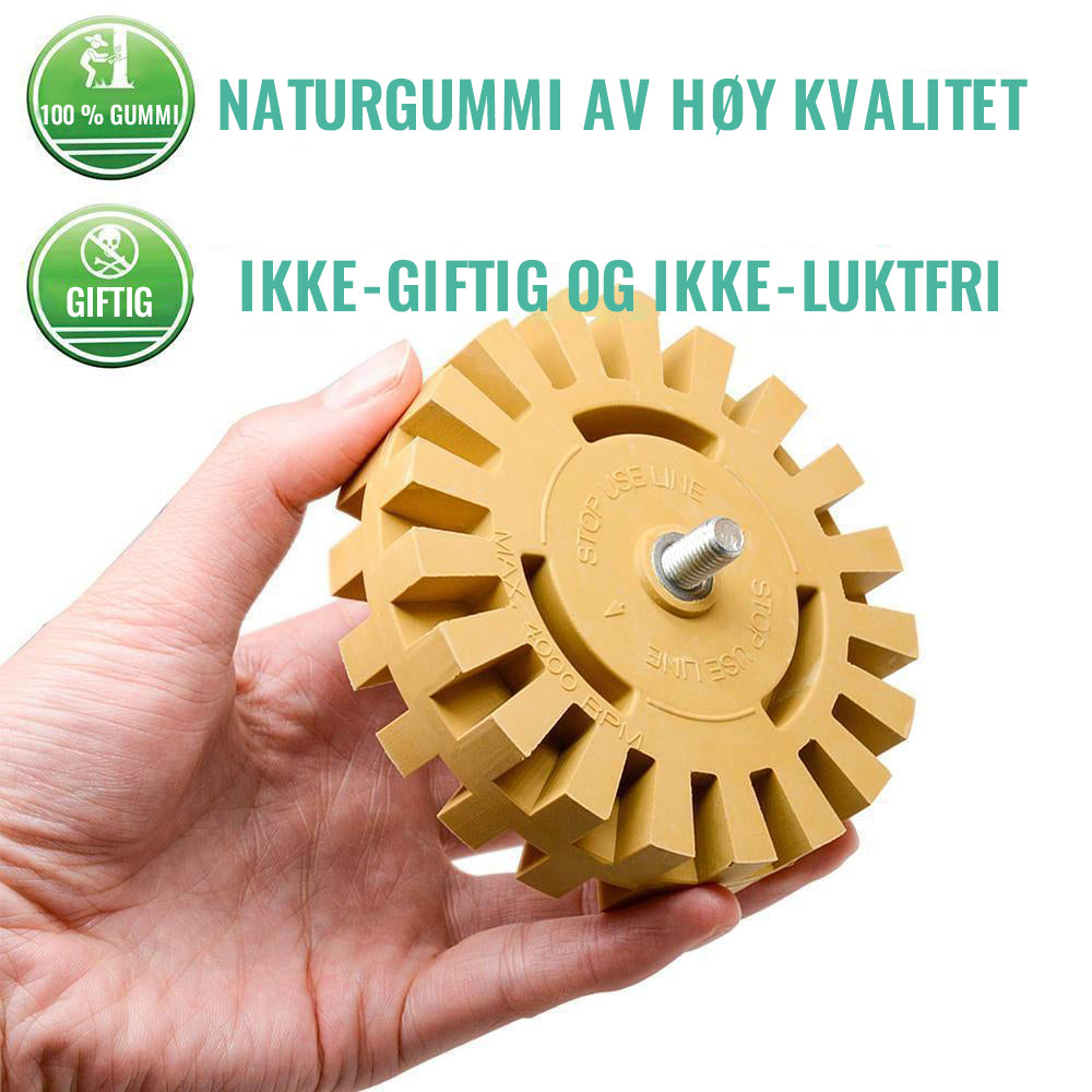 Borttagningsskiva för dekaler, gul med gummilist, 10 cm diameter, enkel användning, effektiv för bilar, inga kemikalier.