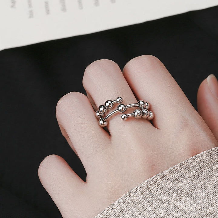 "Dekompressionsring för damer med dubbla pärlor, glittrande zirkon, sterling silver med platinaplätering, justerbar storlek."